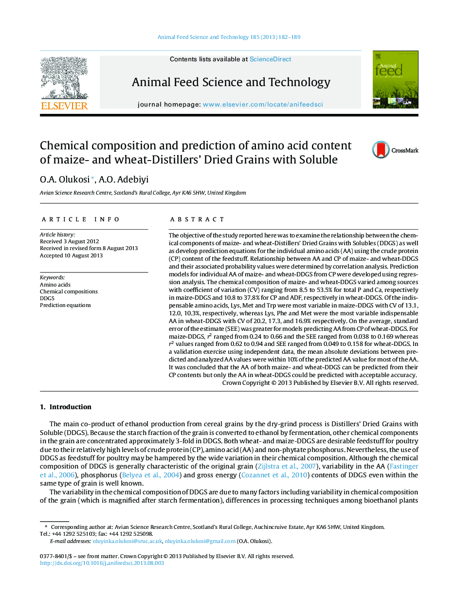 Chemical composition and prediction of amino acid content of maize- and wheat-Distillers’ Dried Grains with Soluble