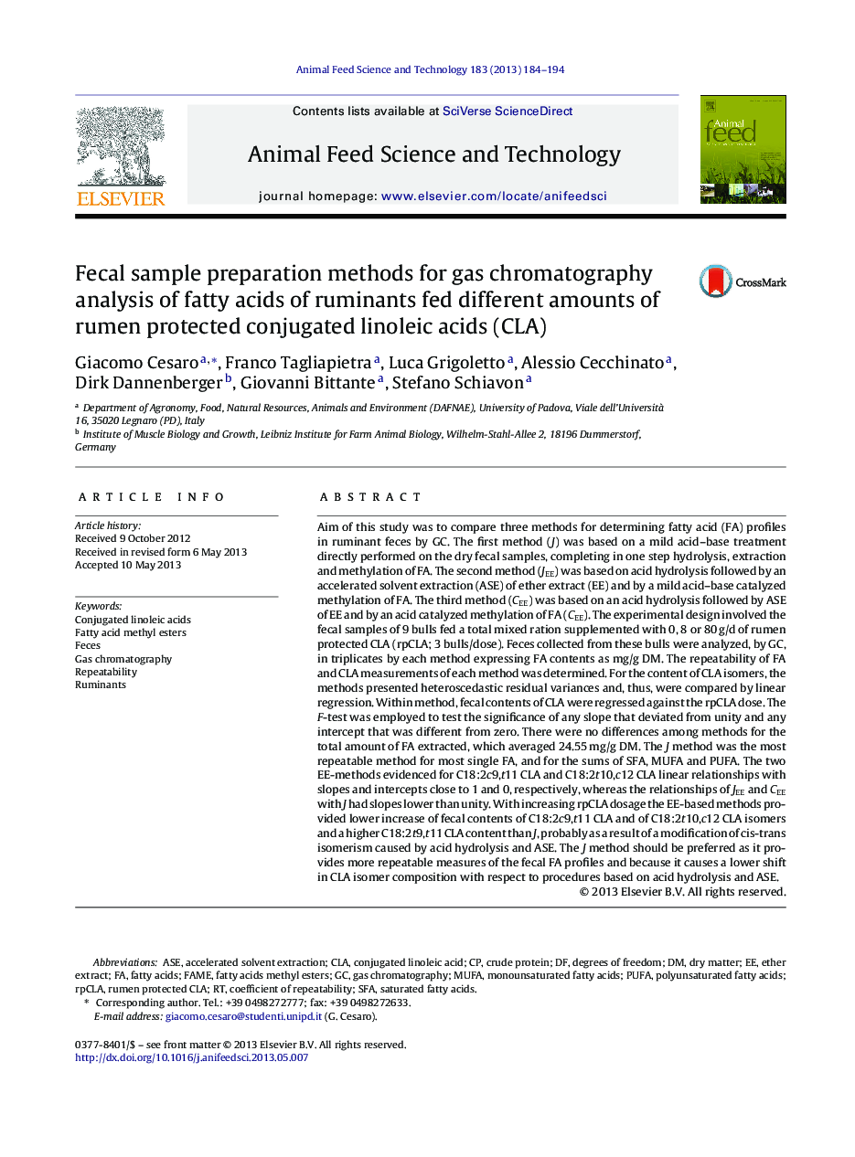 Fecal sample preparation methods for gas chromatography analysis of fatty acids of ruminants fed different amounts of rumen protected conjugated linoleic acids (CLA)