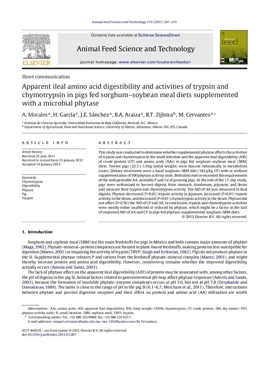 Apparent ileal amino acid digestibility and activities of trypsin and chymotrypsin in pigs fed sorghum–soybean meal diets supplemented with a microbial phytase