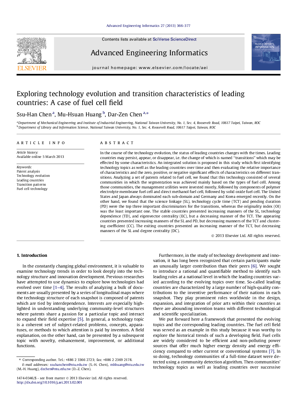 Exploring technology evolution and transition characteristics of leading countries: A case of fuel cell field