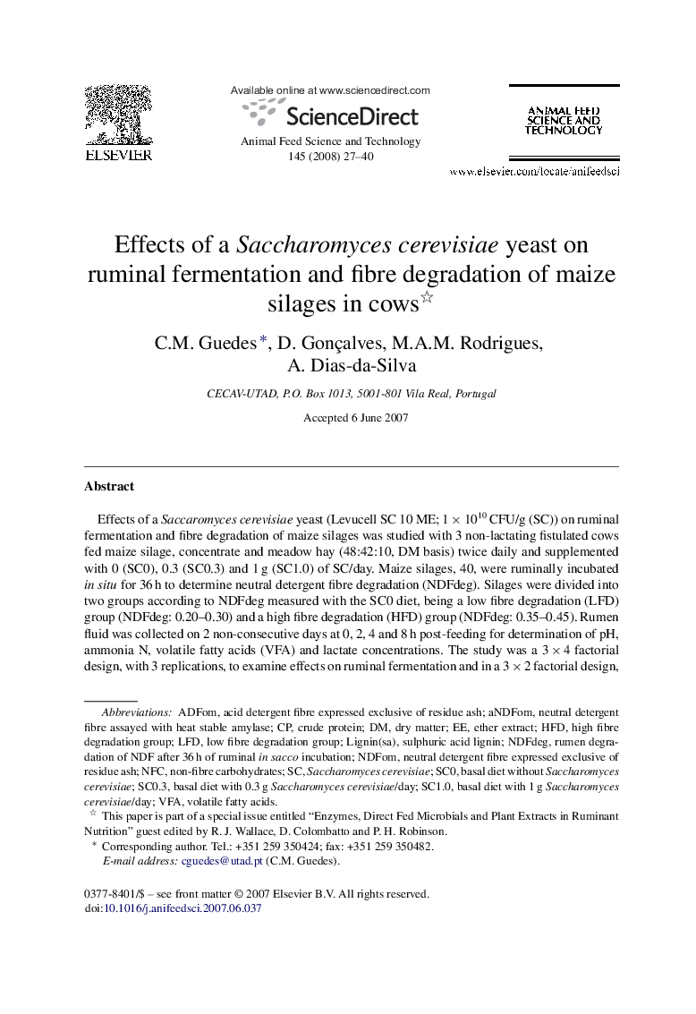 Effects of a Saccharomyces cerevisiae yeast on ruminal fermentation and fibre degradation of maize silages in cows 