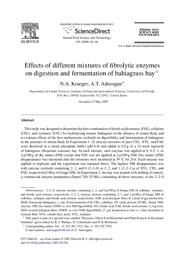 Effects of different mixtures of fibrolytic enzymes on digestion and fermentation of bahiagrass hay 