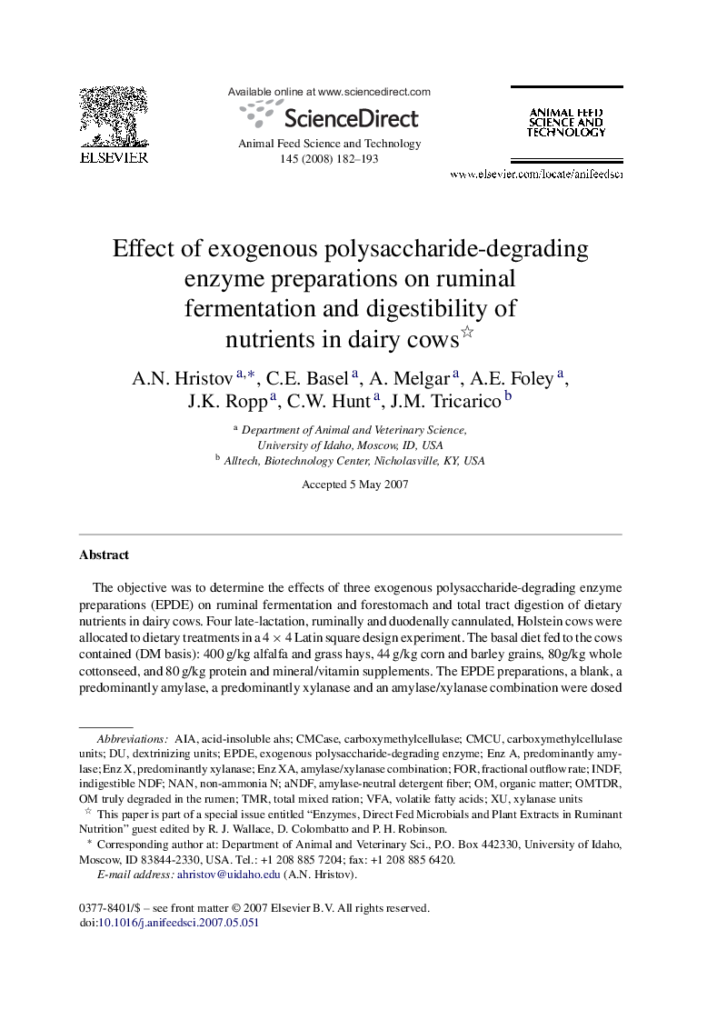 Effect of exogenous polysaccharide-degrading enzyme preparations on ruminal fermentation and digestibility of nutrients in dairy cows 