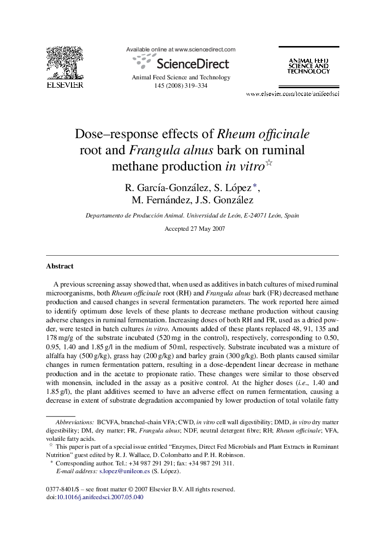 Dose–response effects of Rheum officinale root and Frangula alnus bark on ruminal methane production in vitro 