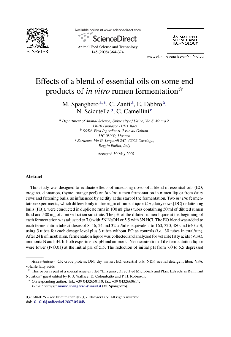 Effects of a blend of essential oils on some end products of in vitro rumen fermentation 