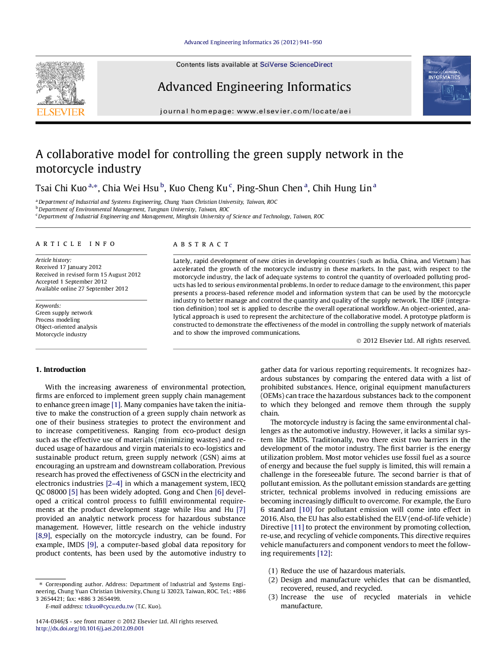 A collaborative model for controlling the green supply network in the motorcycle industry