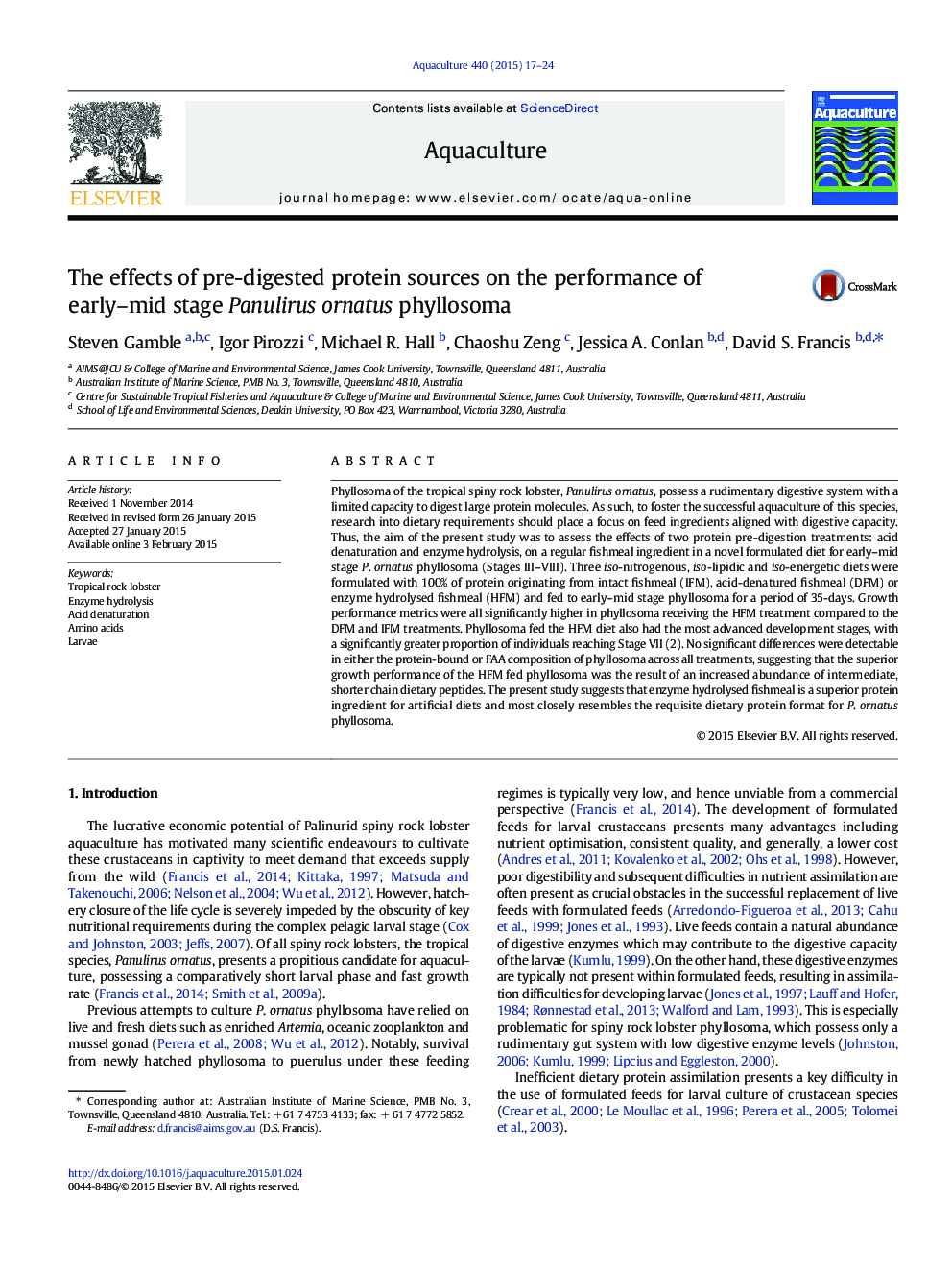 The effects of pre-digested protein sources on the performance of early–mid stage Panulirus ornatus phyllosoma