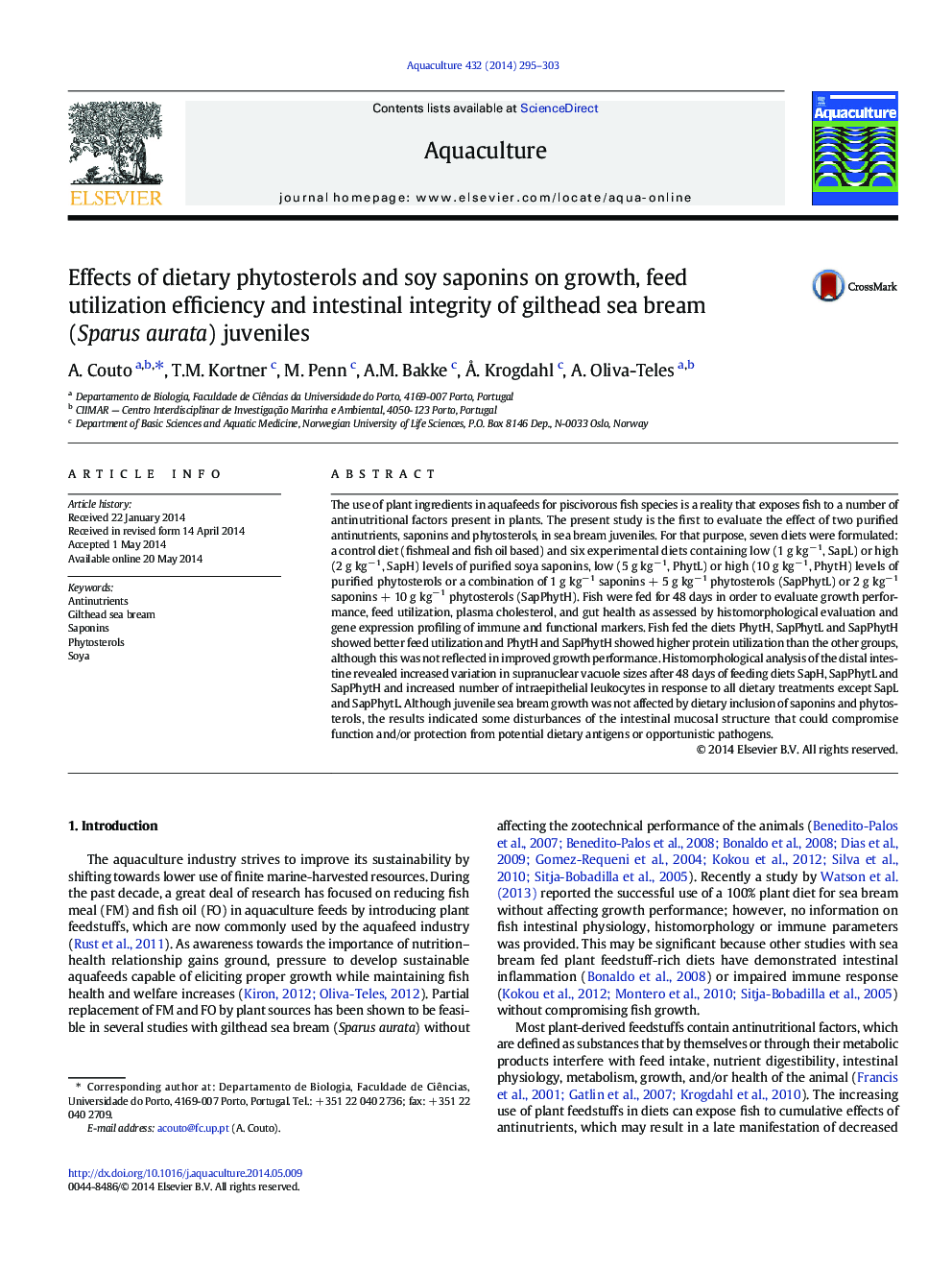 Effects of dietary phytosterols and soy saponins on growth, feed utilization efficiency and intestinal integrity of gilthead sea bream (Sparus aurata) juveniles