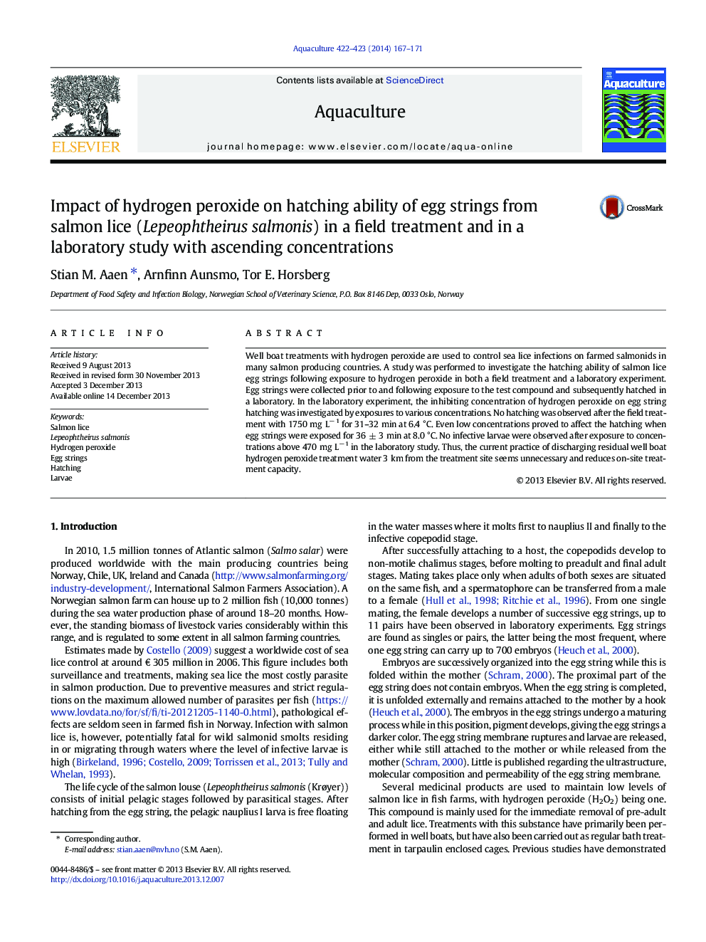 Impact of hydrogen peroxide on hatching ability of egg strings from salmon lice (Lepeophtheirus salmonis) in a field treatment and in a laboratory study with ascending concentrations