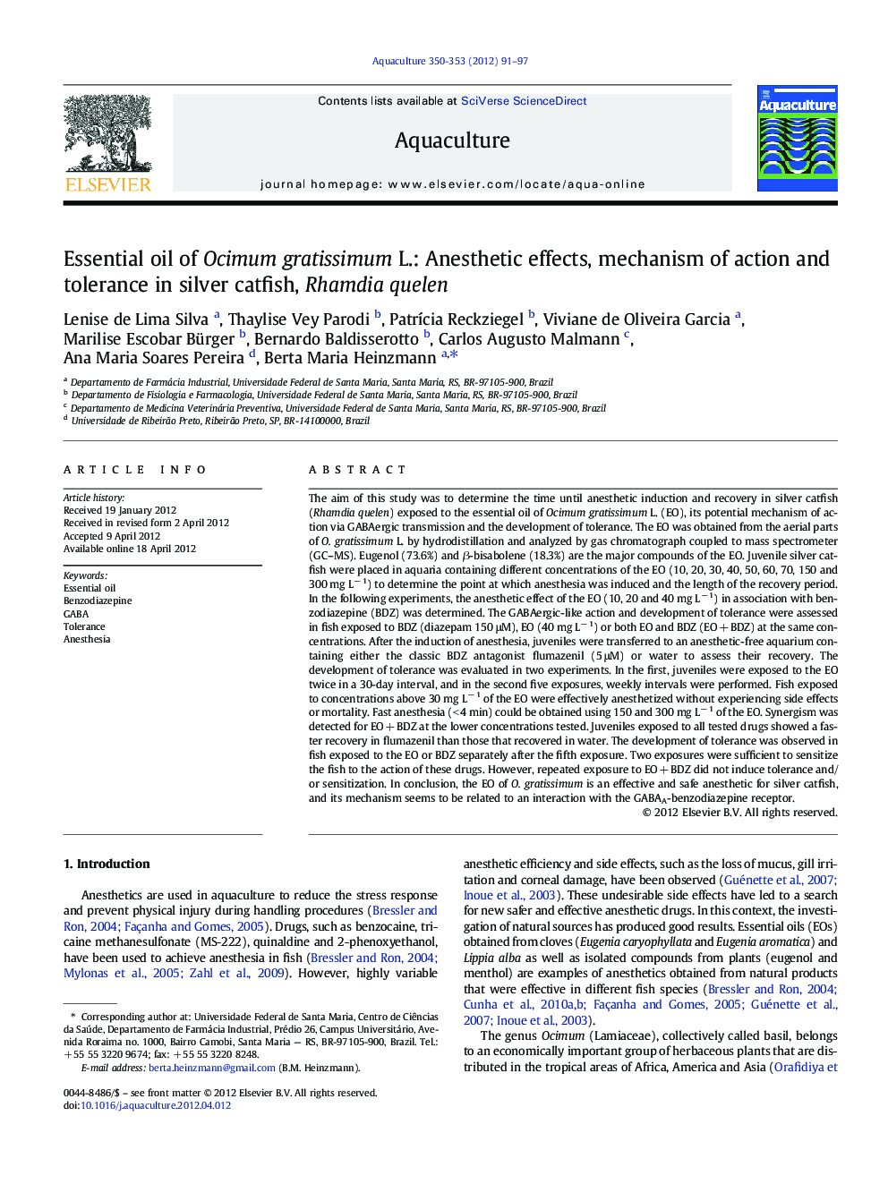 Essential oil of Ocimum gratissimum L.: Anesthetic effects, mechanism of action and tolerance in silver catfish, Rhamdia quelen