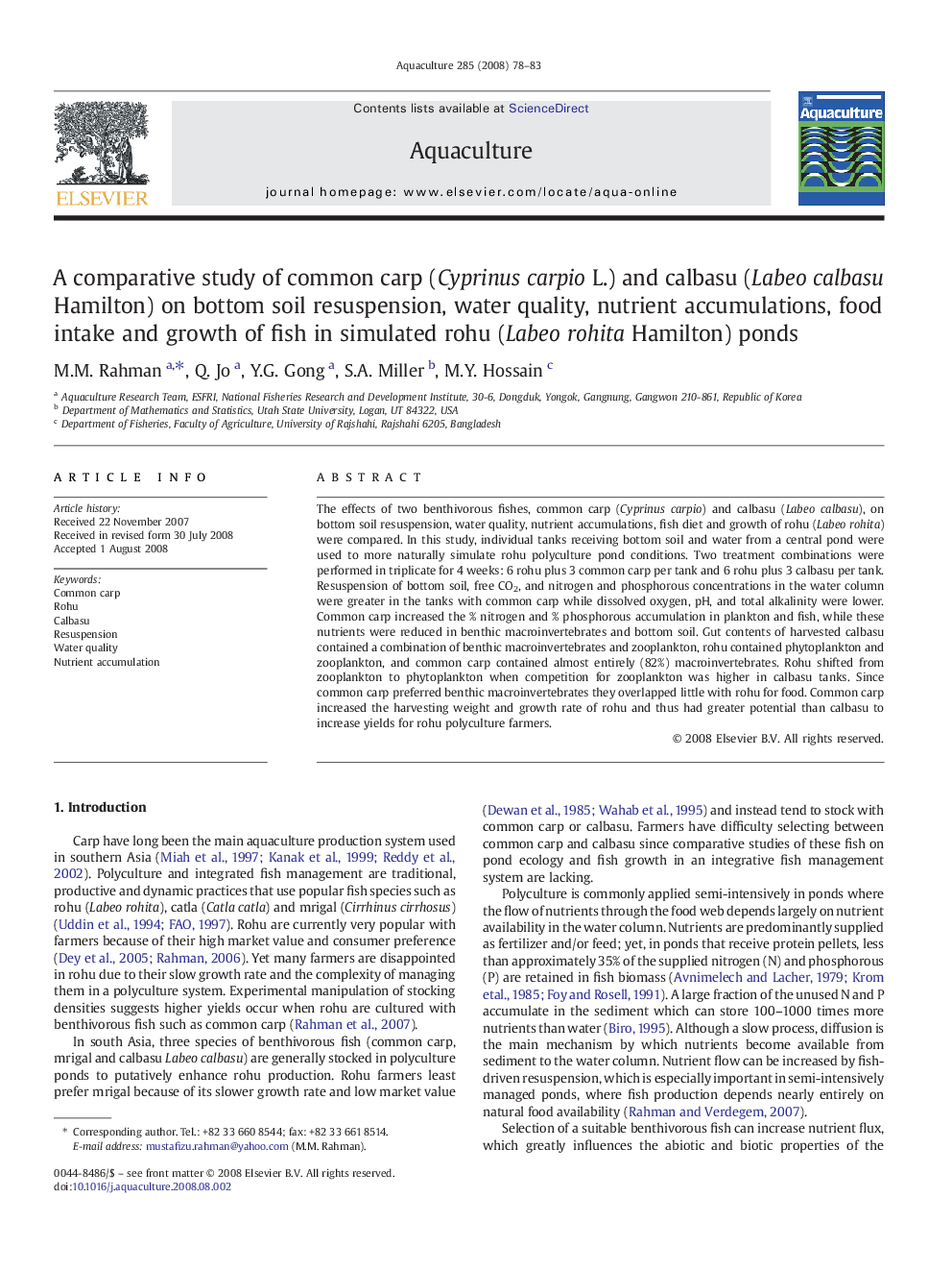 A comparative study of common carp (Cyprinus carpio L.) and calbasu (Labeo calbasu Hamilton) on bottom soil resuspension, water quality, nutrient accumulations, food intake and growth of fish in simulated rohu (Labeo rohita Hamilton) ponds