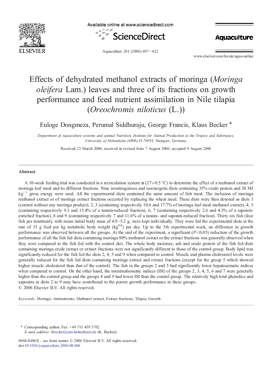 Effects of dehydrated methanol extracts of moringa (Moringa oleifera Lam.) leaves and three of its fractions on growth performance and feed nutrient assimilation in Nile tilapia (Oreochromis niloticus (L.))