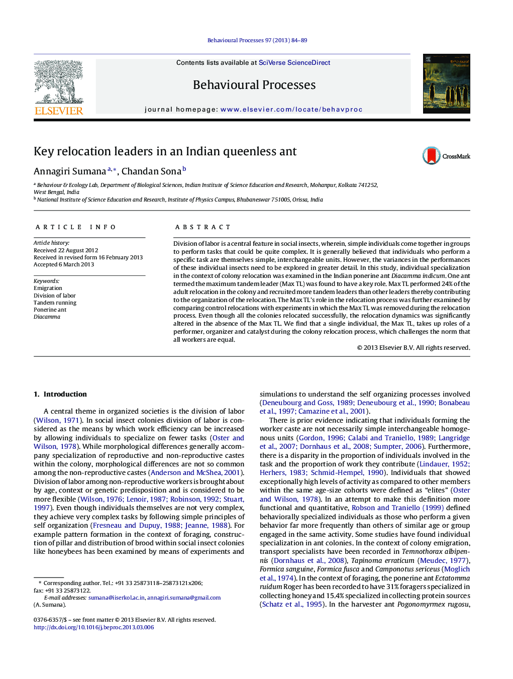 Key relocation leaders in an Indian queenless ant