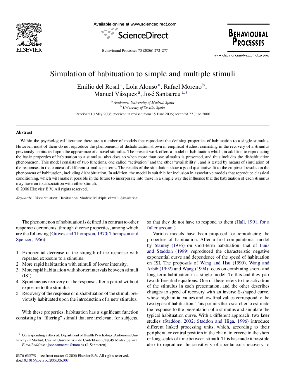 Simulation of habituation to simple and multiple stimuli