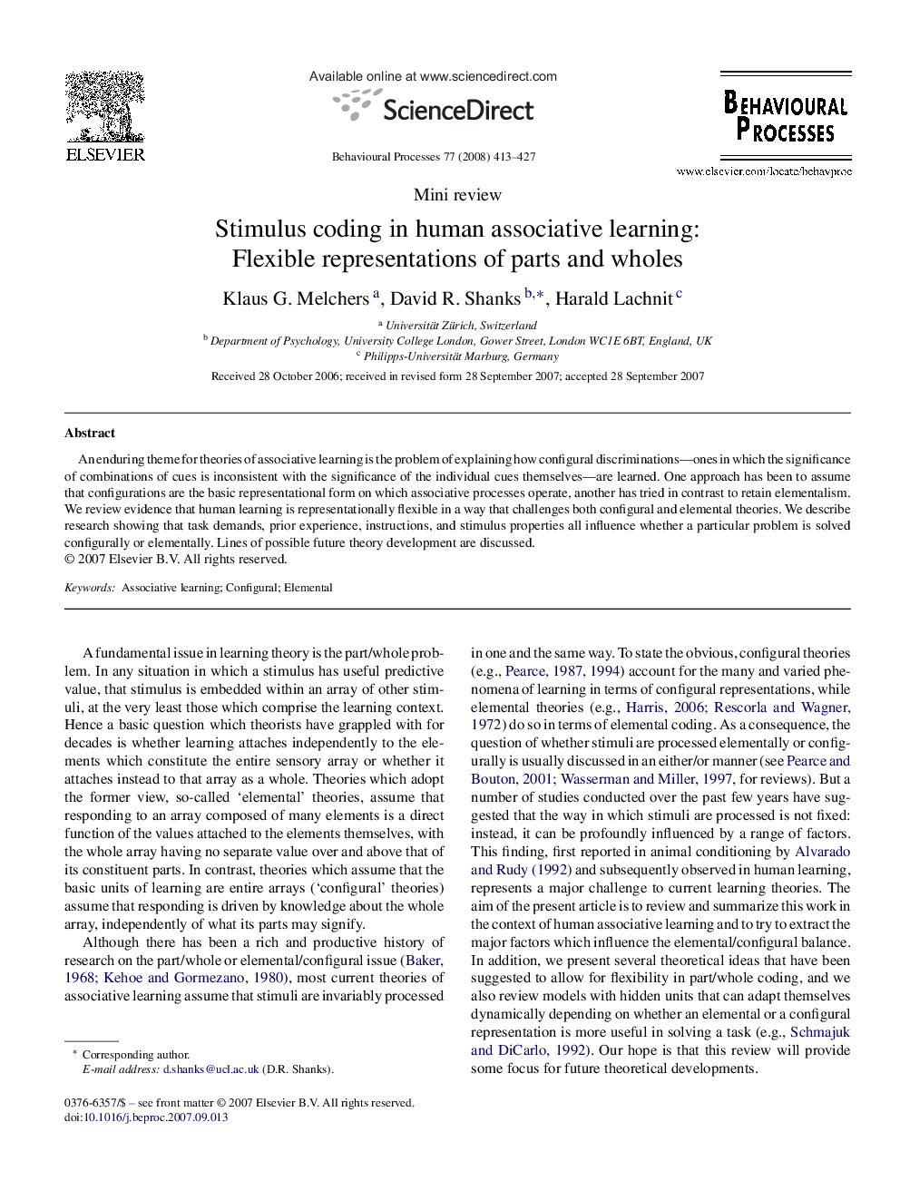 Stimulus coding in human associative learning: Flexible representations of parts and wholes