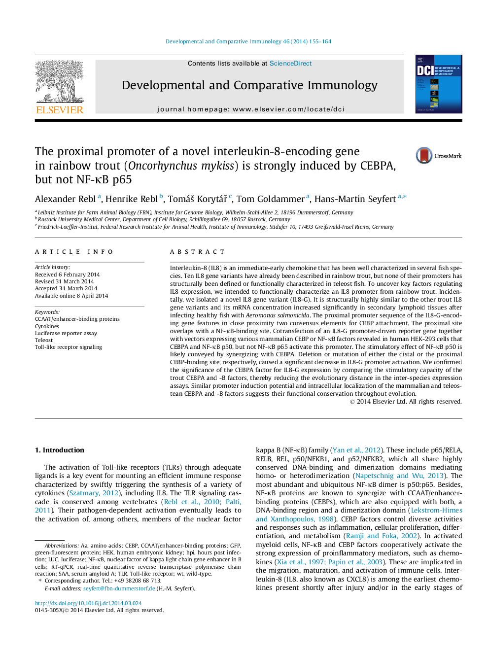 The proximal promoter of a novel interleukin-8-encoding gene in rainbow trout (Oncorhynchus mykiss) is strongly induced by CEBPA, but not NF-κB p65