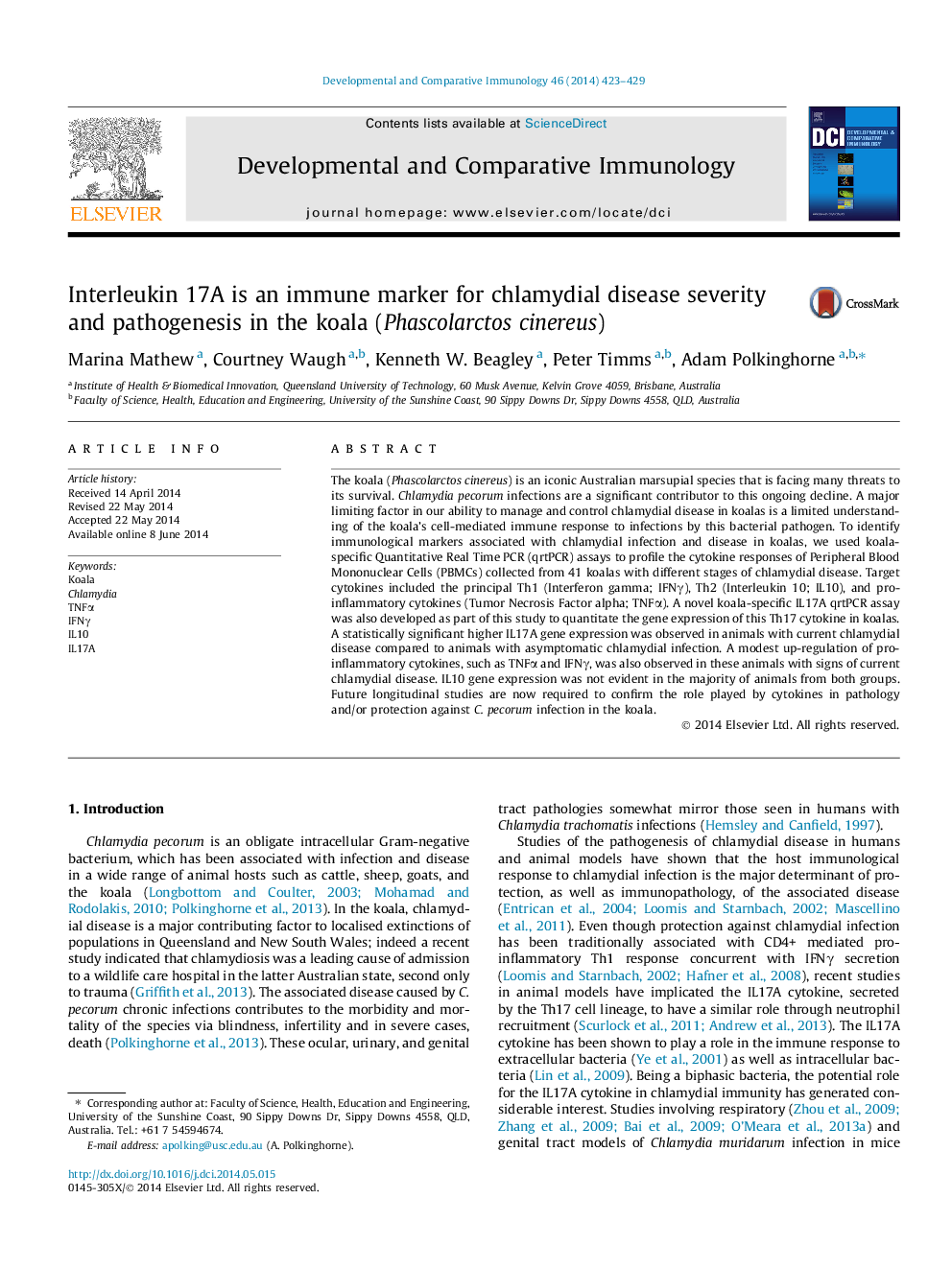 Interleukin 17A is an immune marker for chlamydial disease severity and pathogenesis in the koala (Phascolarctos cinereus)