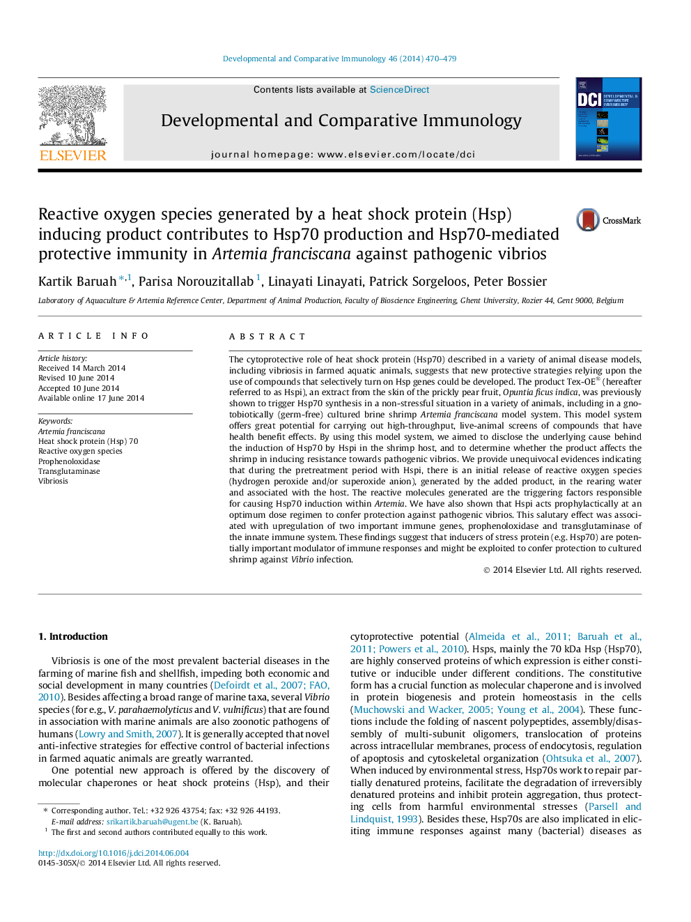 Reactive oxygen species generated by a heat shock protein (Hsp) inducing product contributes to Hsp70 production and Hsp70-mediated protective immunity in Artemia franciscana against pathogenic vibrios