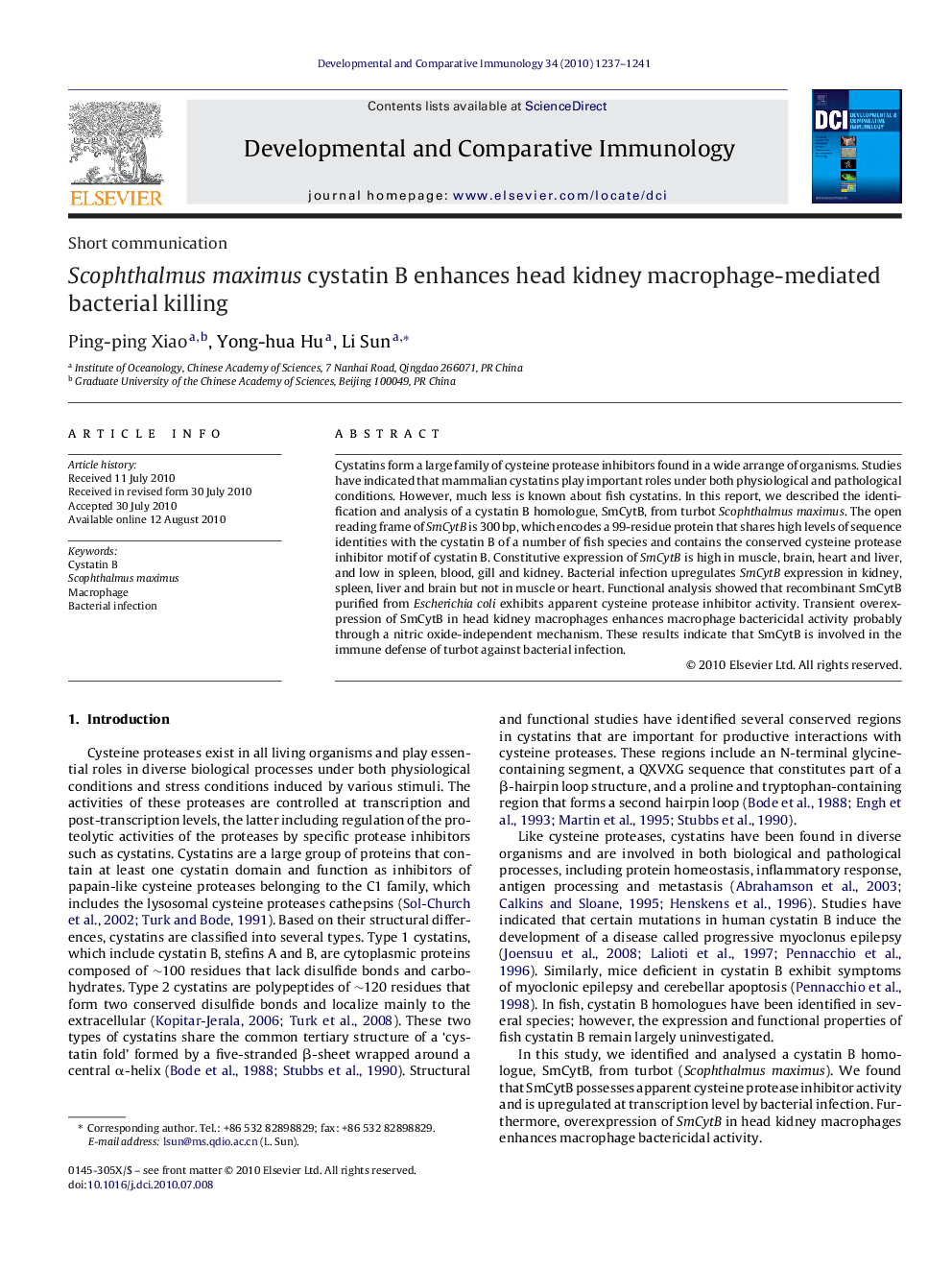 Scophthalmus maximus cystatin B enhances head kidney macrophage-mediated bacterial killing