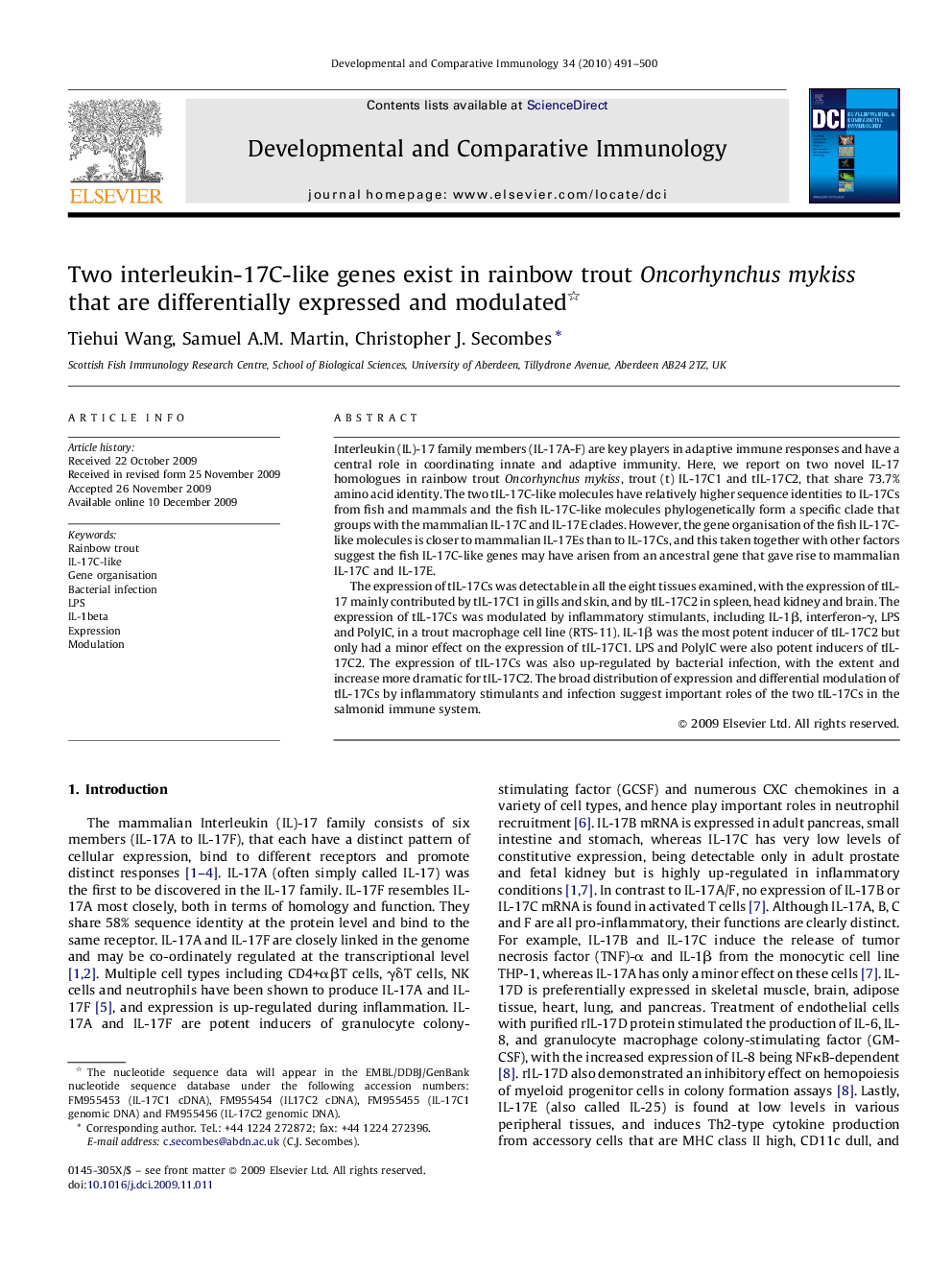 Two interleukin-17C-like genes exist in rainbow trout Oncorhynchus mykiss that are differentially expressed and modulated 