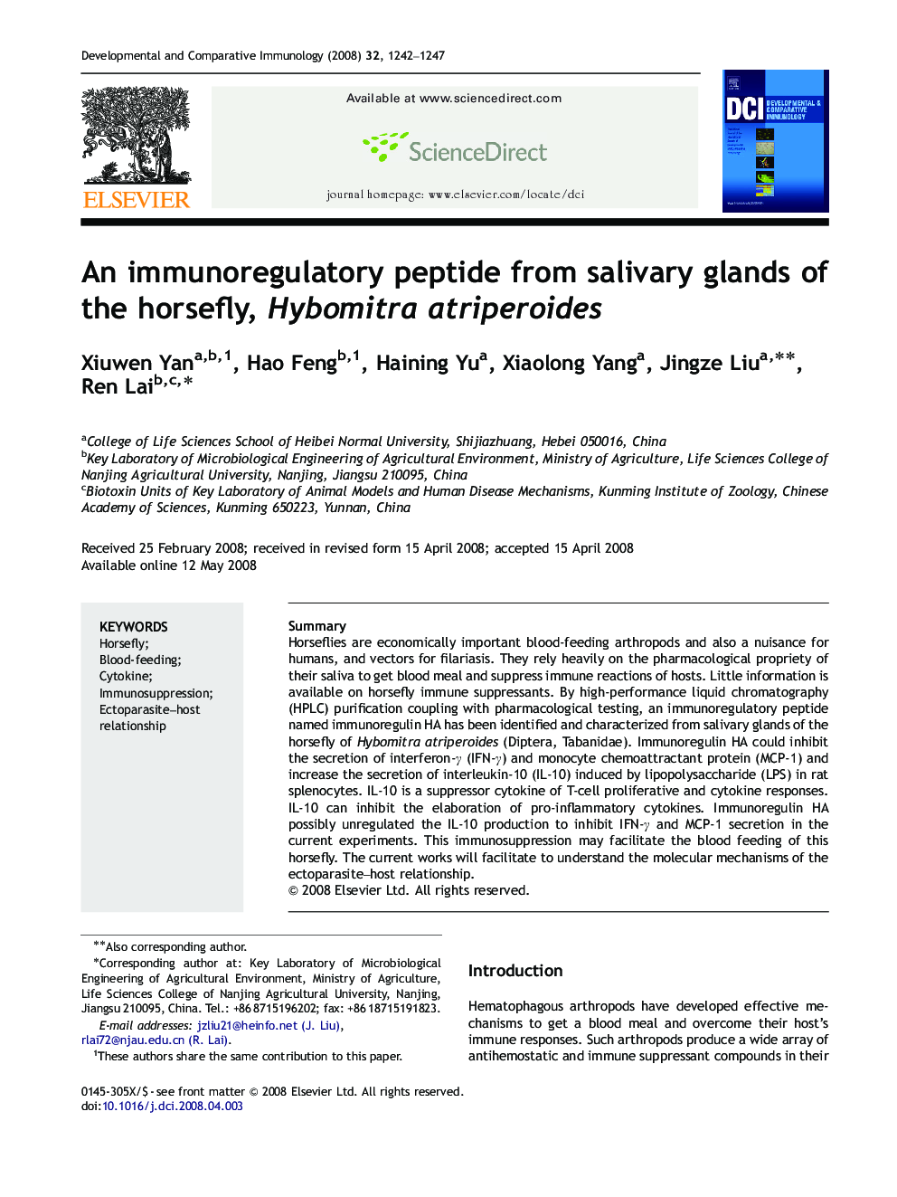 An immunoregulatory peptide from salivary glands of the horsefly, Hybomitra atriperoides