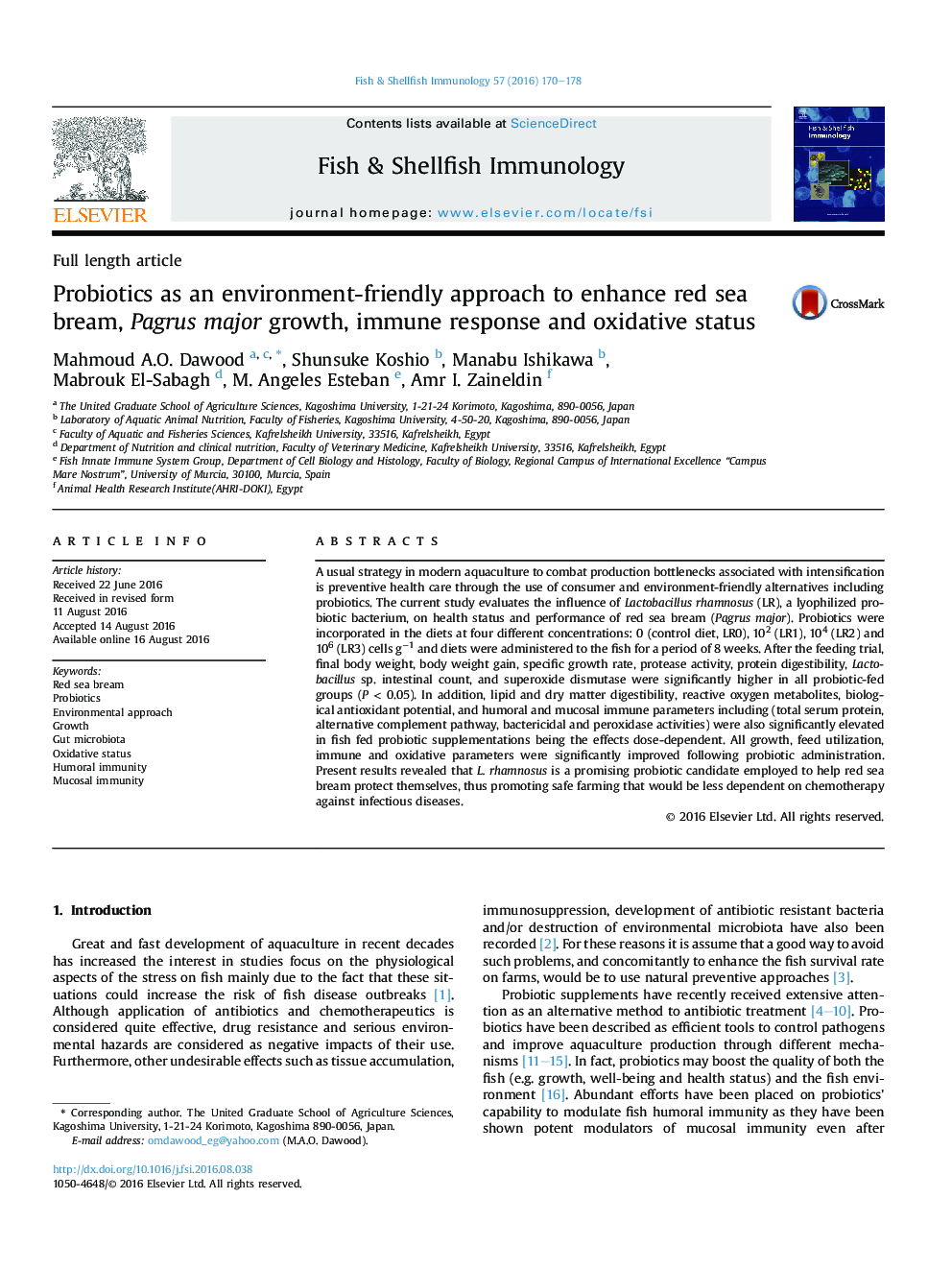 Probiotics as an environment-friendly approach to enhance red sea bream, Pagrus major growth, immune response and oxidative status