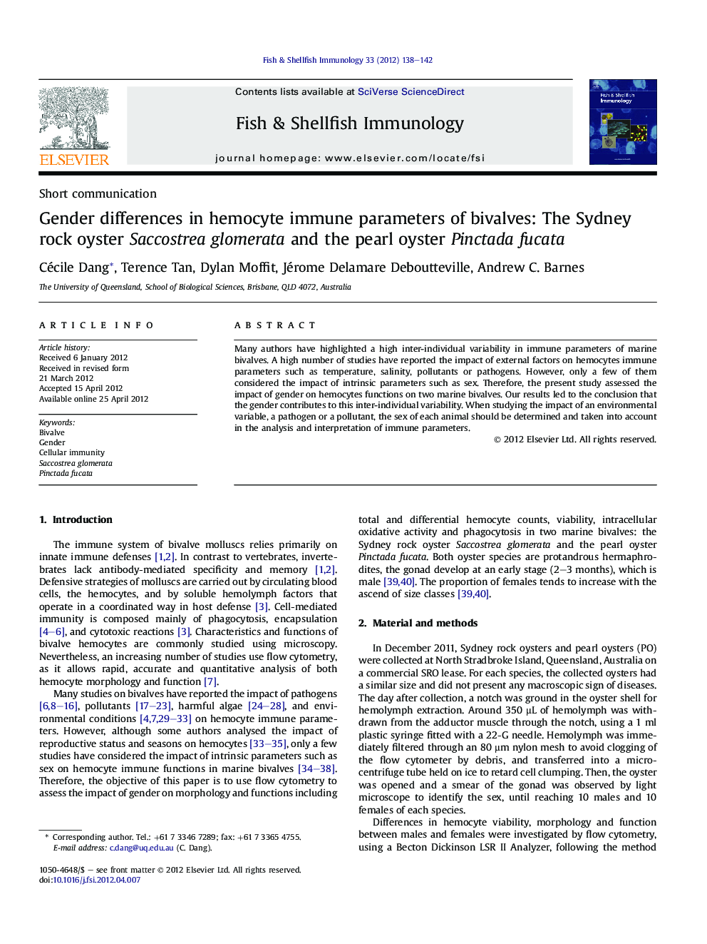Gender differences in hemocyte immune parameters of bivalves: The Sydney rock oyster Saccostrea glomerata and the pearl oyster Pinctada fucata