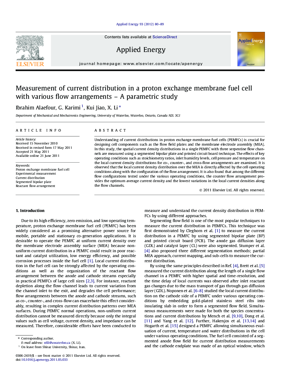 Measurement of current distribution in a proton exchange membrane fuel cell with various flow arrangements – A parametric study