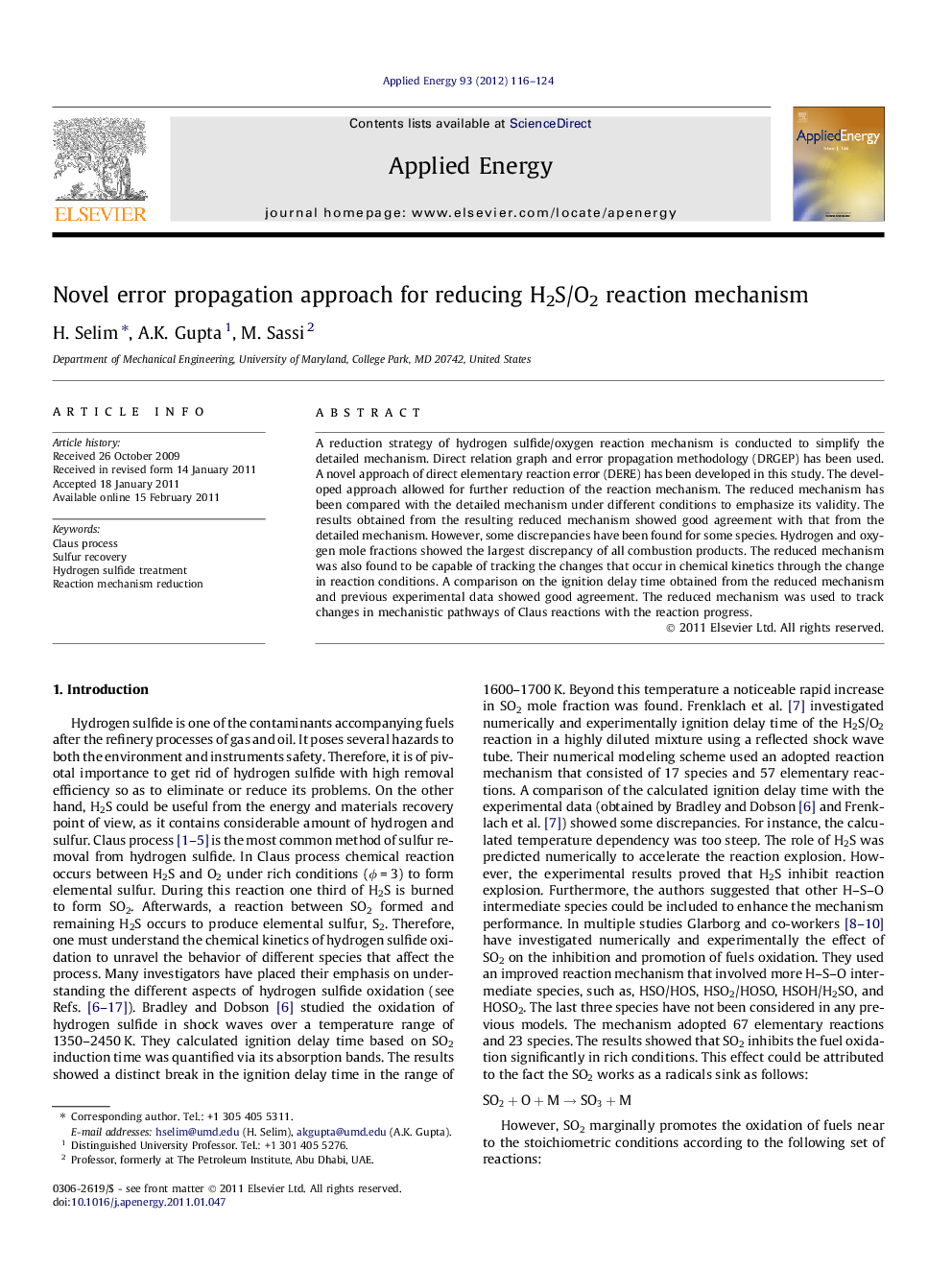 Novel error propagation approach for reducing H2S/O2 reaction mechanism