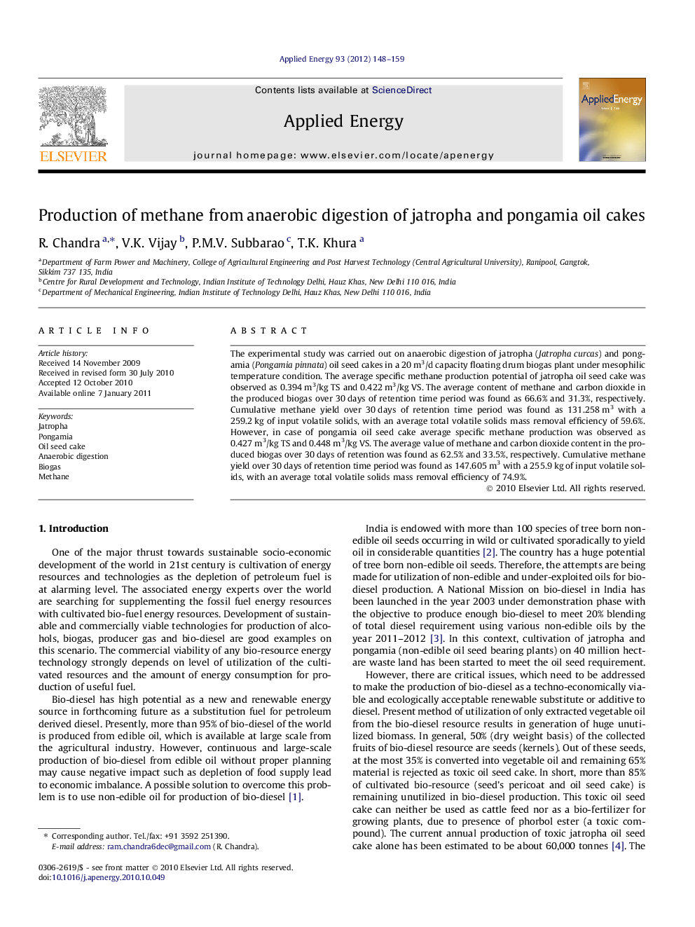 Production of methane from anaerobic digestion of jatropha and pongamia oil cakes