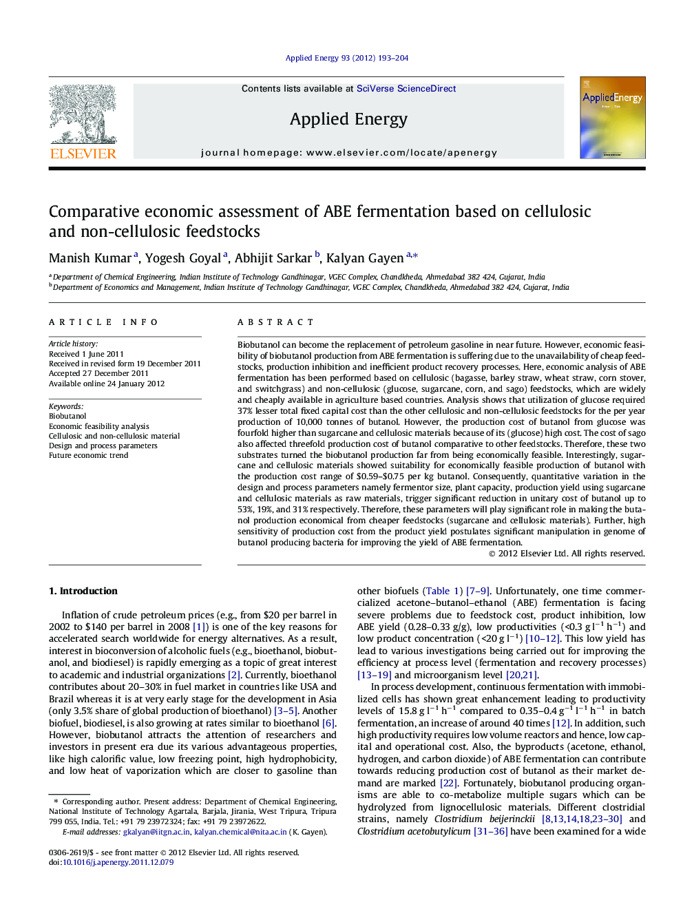 Comparative economic assessment of ABE fermentation based on cellulosic and non-cellulosic feedstocks