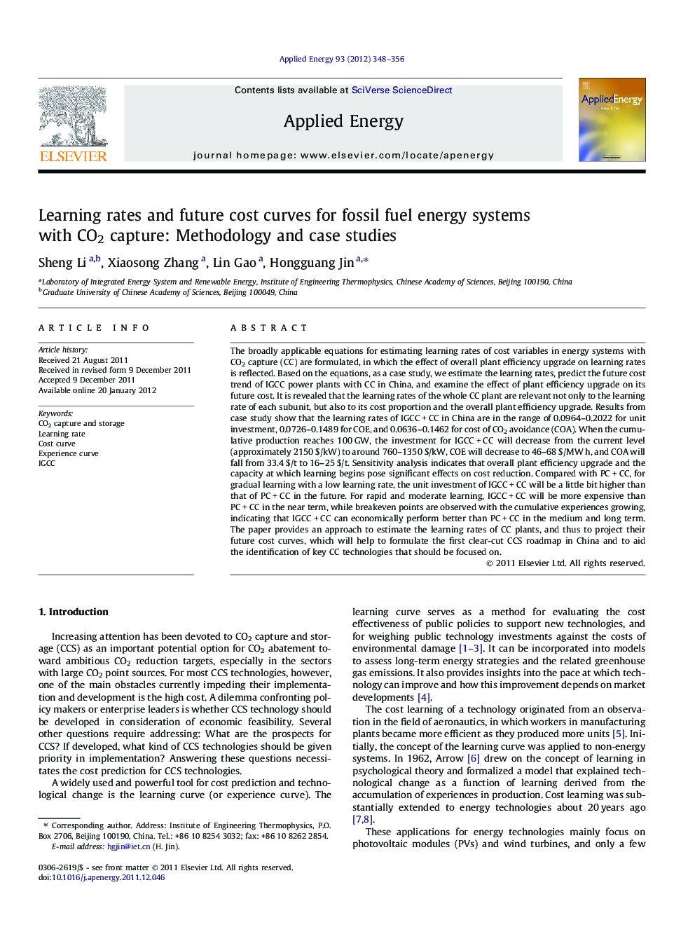 Learning rates and future cost curves for fossil fuel energy systems with CO2 capture: Methodology and case studies