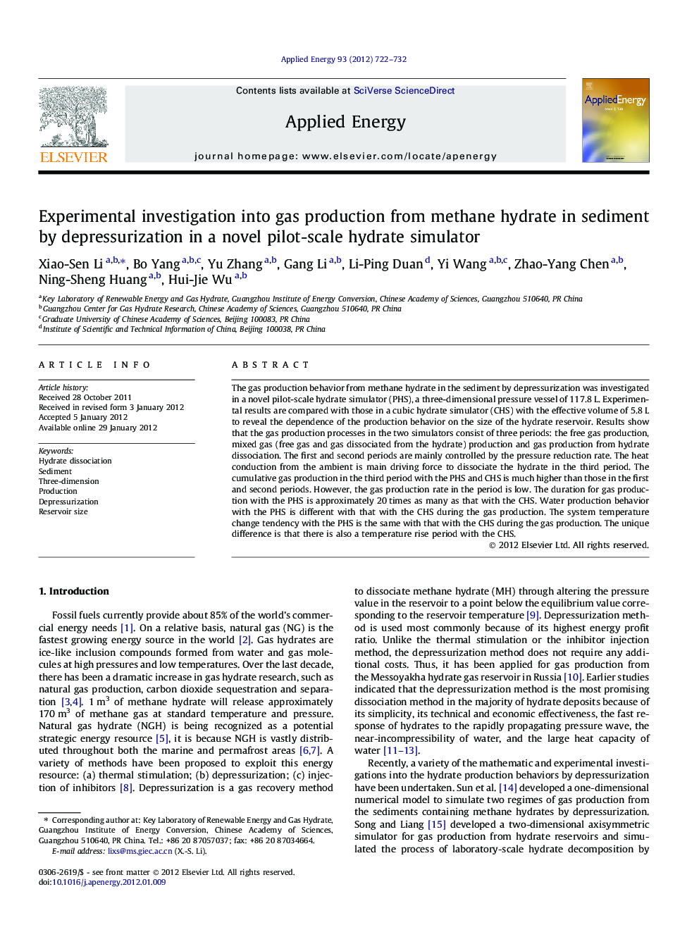 Experimental investigation into gas production from methane hydrate in sediment by depressurization in a novel pilot-scale hydrate simulator