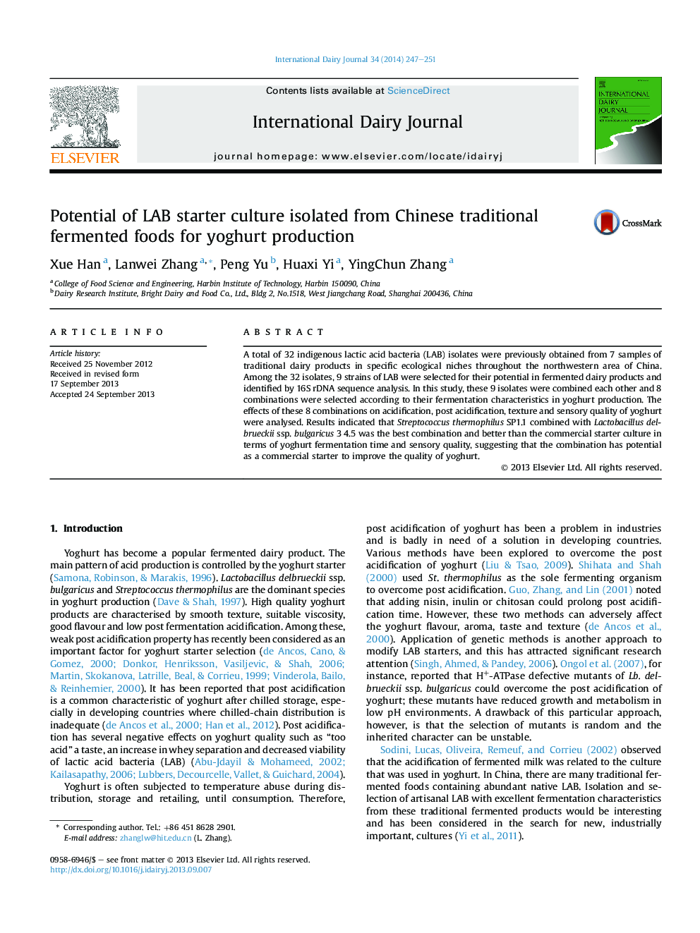 Potential of LAB starter culture isolated from Chinese traditional fermented foods for yoghurt production