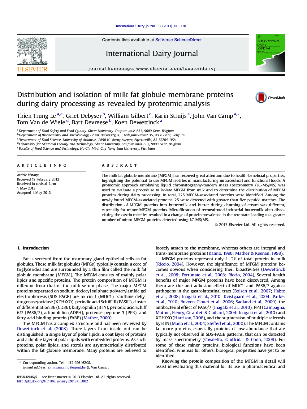 Distribution and isolation of milk fat globule membrane proteins during dairy processing as revealed by proteomic analysis