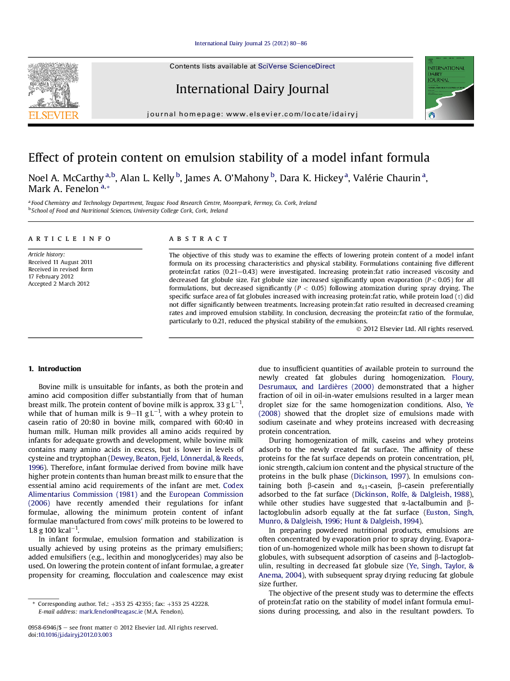 Effect of protein content on emulsion stability of a model infant formula