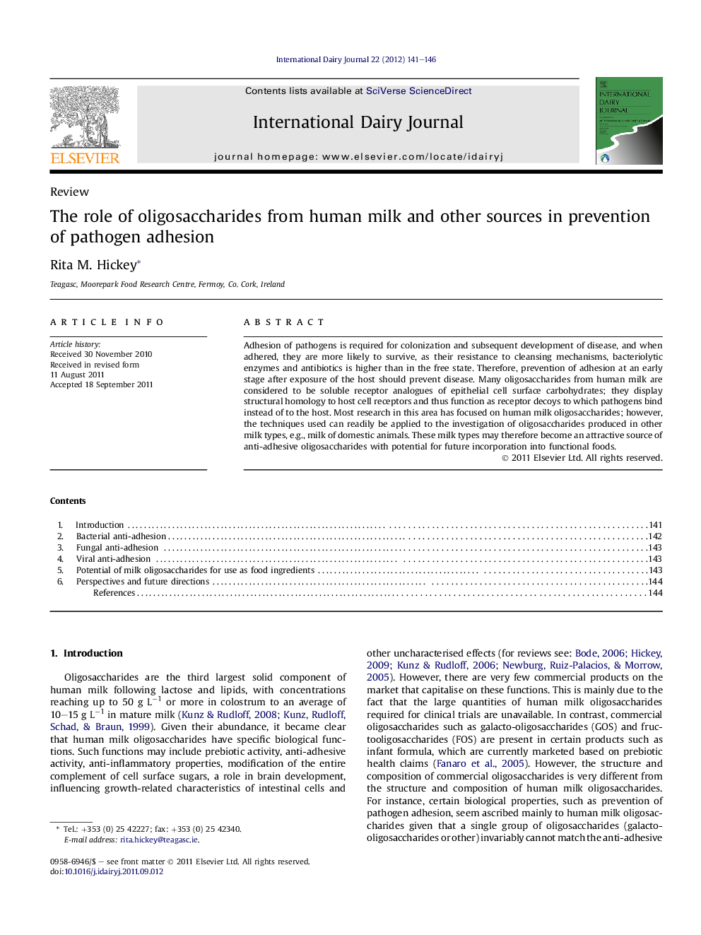 The role of oligosaccharides from human milk and other sources in prevention of pathogen adhesion