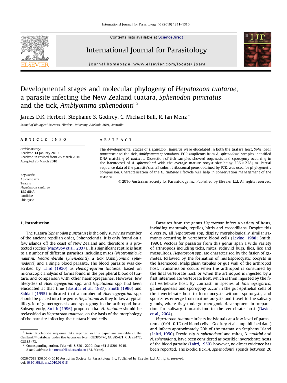 Developmental stages and molecular phylogeny of Hepatozoon tuatarae, a parasite infecting the New Zealand tuatara, Sphenodon punctatus and the tick, Amblyomma sphenodonti 