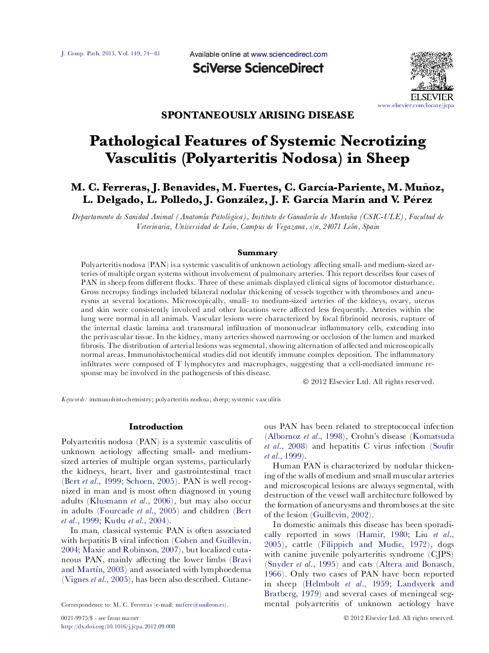 Pathological Features of Systemic Necrotizing Vasculitis (Polyarteritis Nodosa) in Sheep