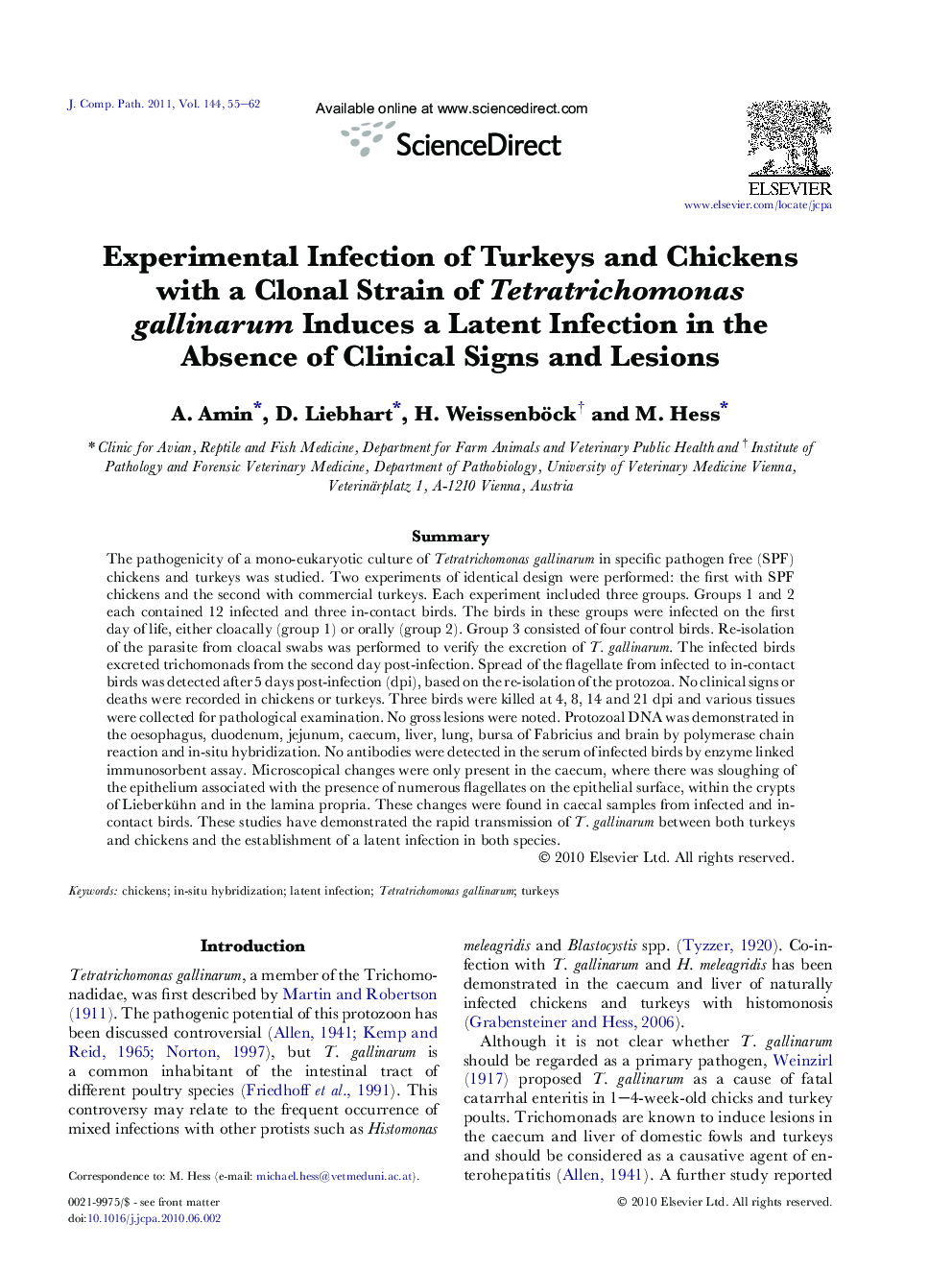 Experimental Infection of Turkeys and Chickens with a Clonal Strain of Tetratrichomonas gallinarum Induces a Latent Infection in the Absence of Clinical Signs and Lesions