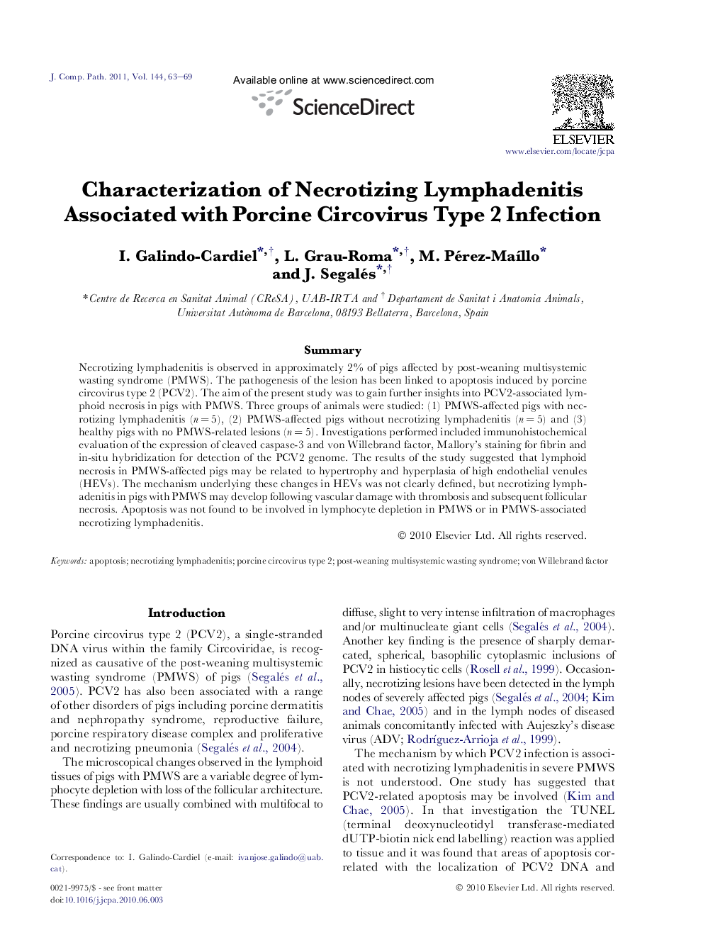 Characterization of Necrotizing Lymphadenitis Associated with Porcine Circovirus Type 2 Infection