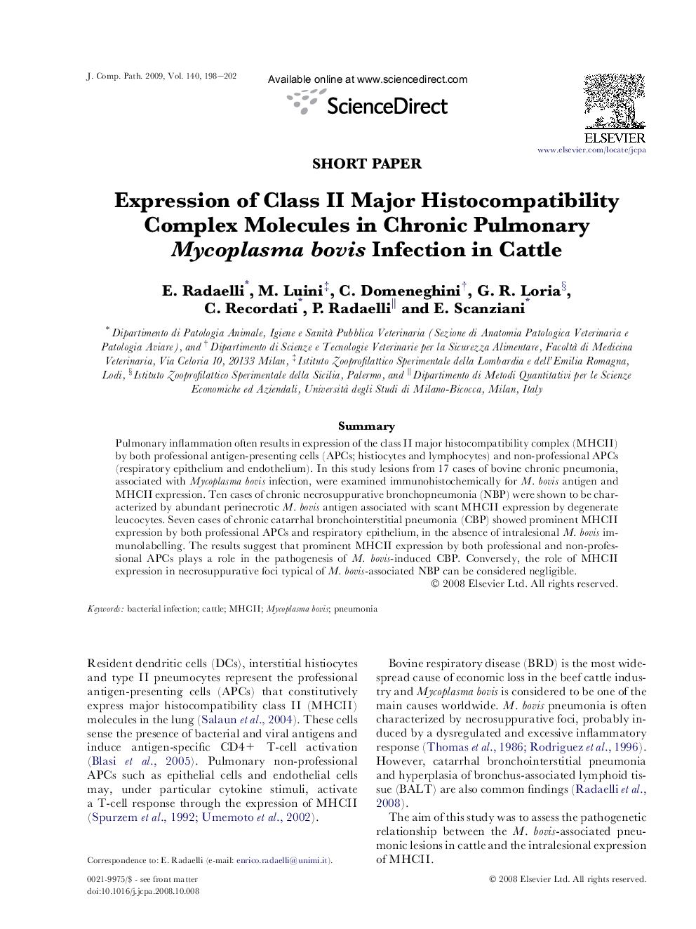 Expression of Class II Major Histocompatibility Complex Molecules in Chronic Pulmonary Mycoplasma bovis Infection in Cattle