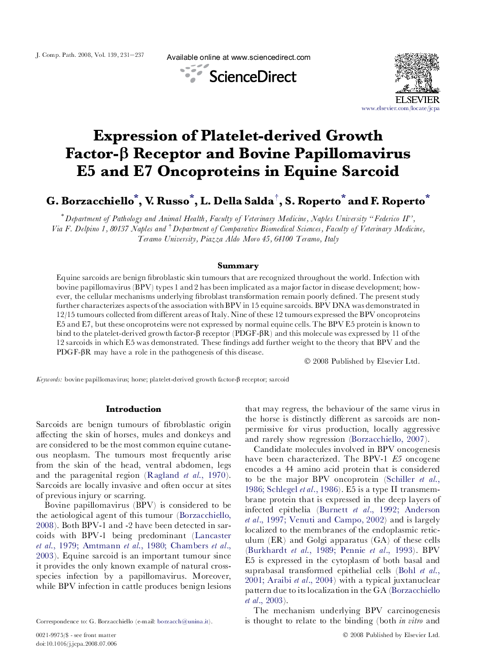 Expression of Platelet-derived Growth Factor-β Receptor and Bovine Papillomavirus E5 and E7 Oncoproteins in Equine Sarcoid