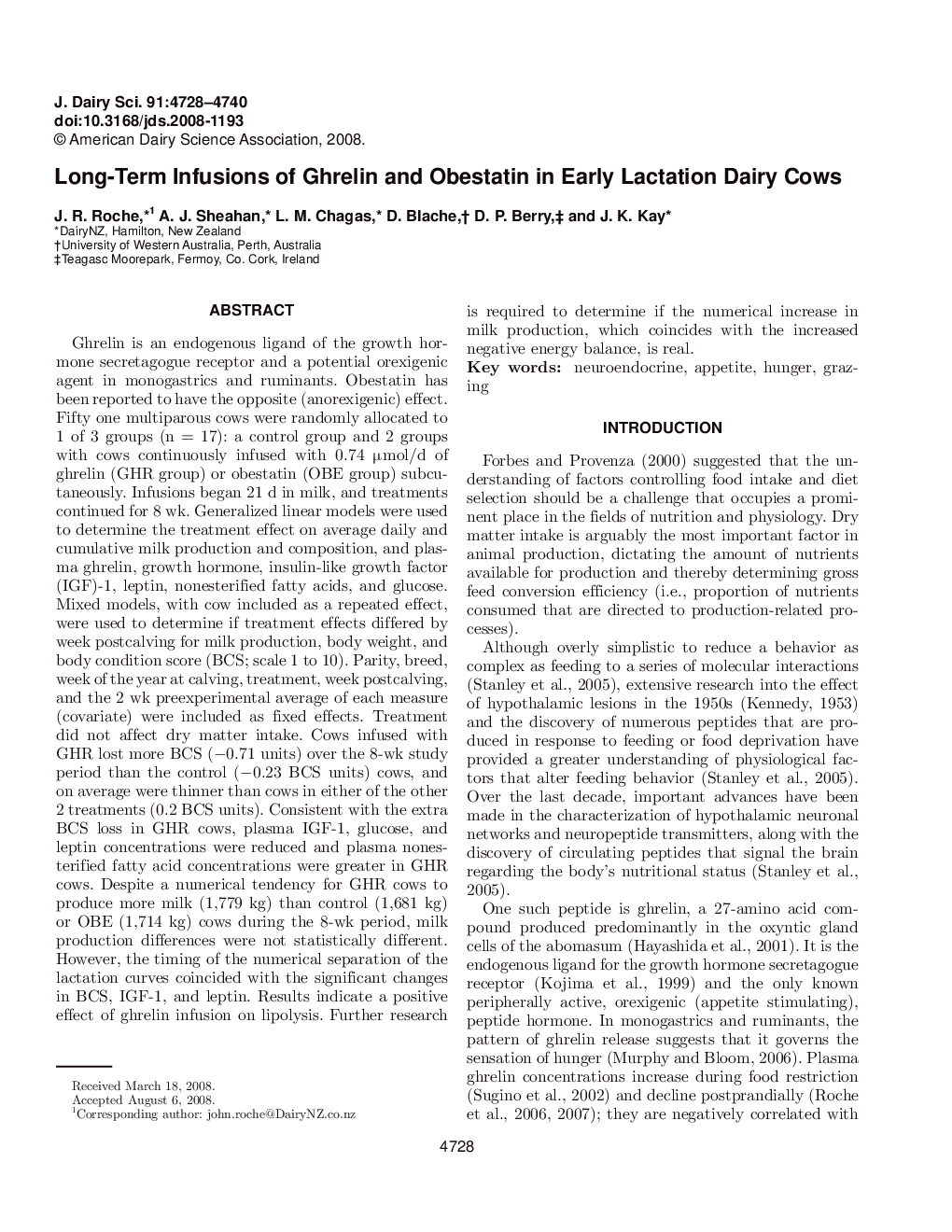 Long-Term Infusions of Ghrelin and Obestatin in Early Lactation Dairy Cows