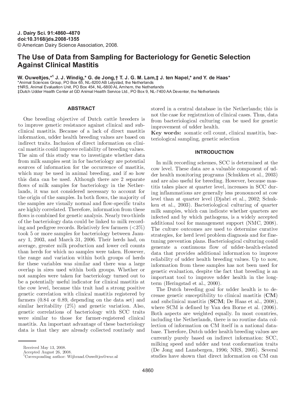 The Use of Data from Sampling for Bacteriology for Genetic Selection Against Clinical Mastitis