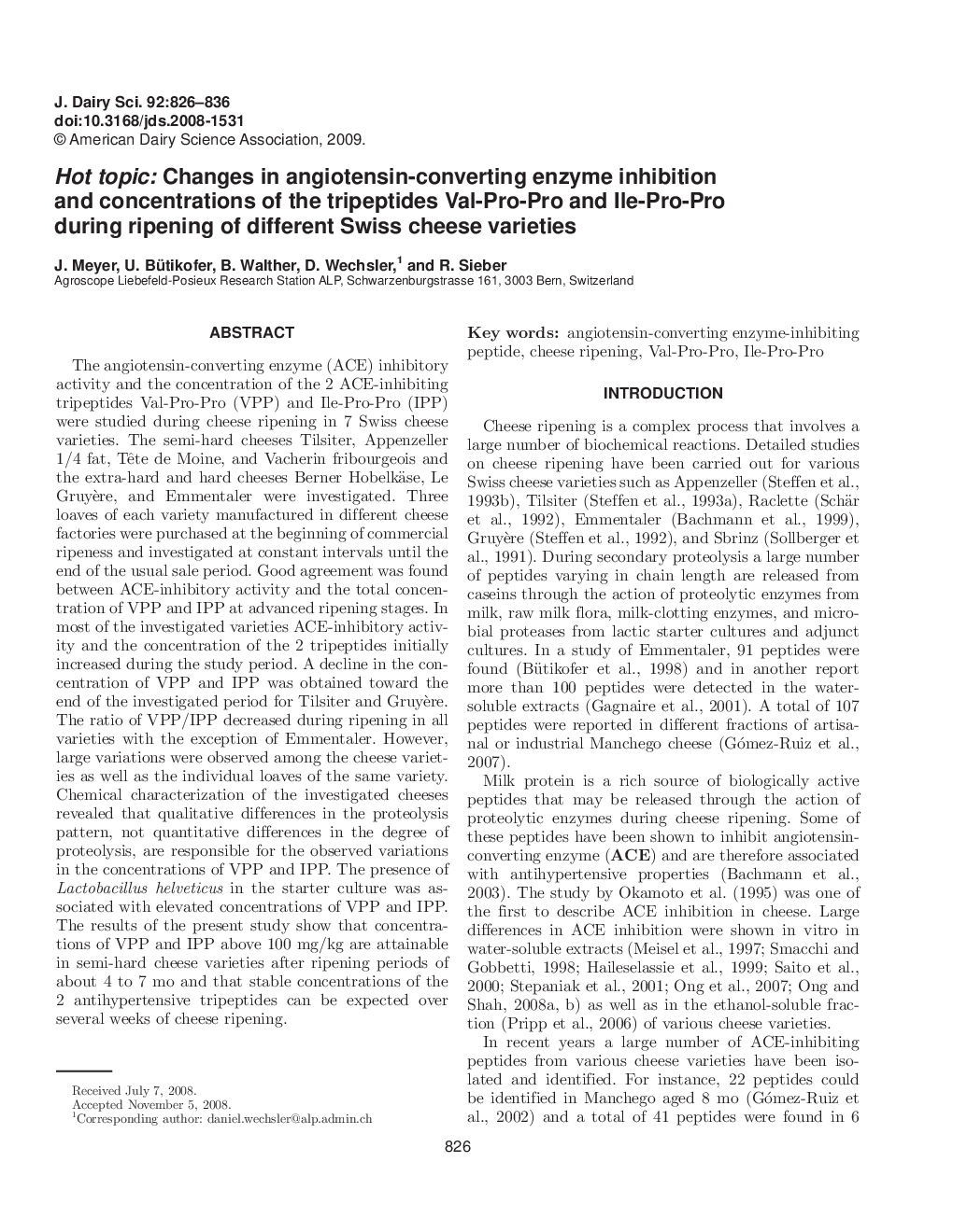 Hot topic: Changes in angiotensin-converting enzyme inhibition and concentrations of the tripeptides Val-Pro-Pro and Ile-Pro-Pro during ripening of different Swiss cheese varieties