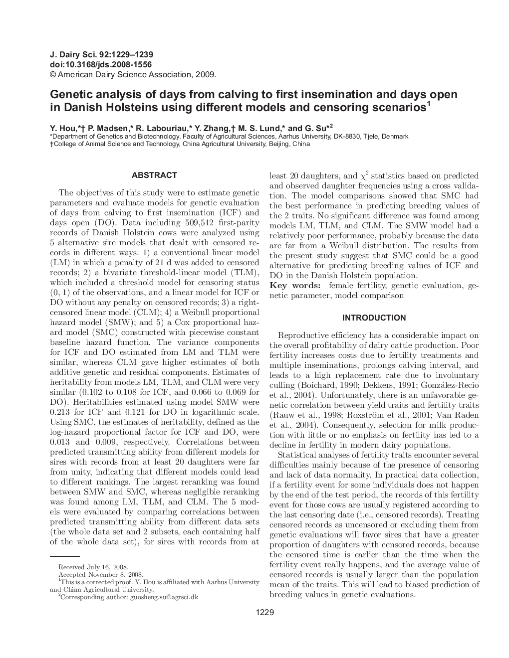 Genetic analysis of days from calving to first insemination and days open in Danish Holsteins using different models and censoring scenarios1