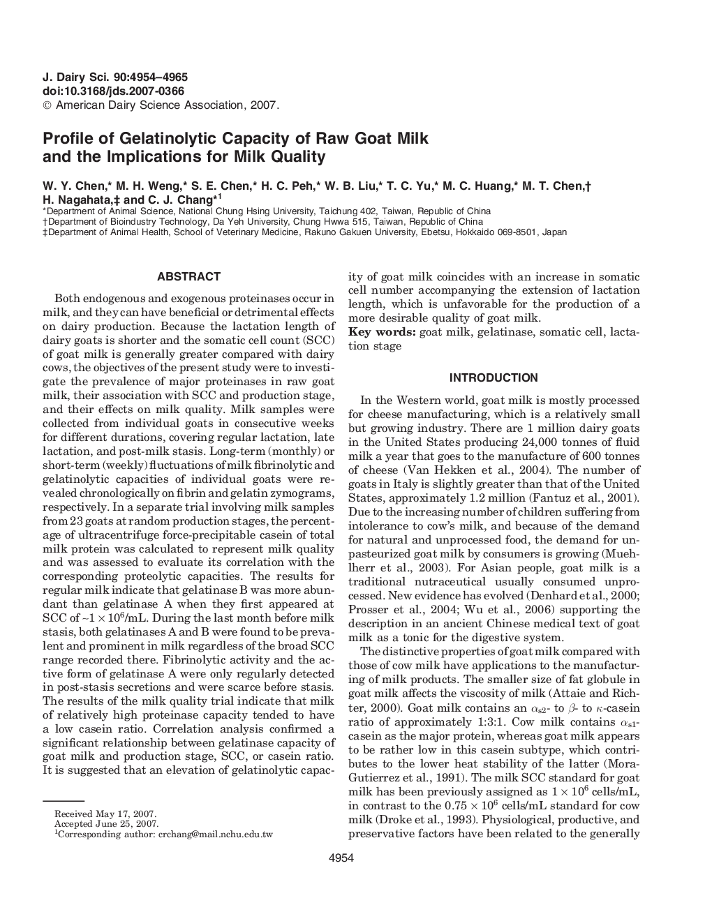 Profile of Gelatinolytic Capacity of Raw Goat Milk and the Implications for Milk Quality