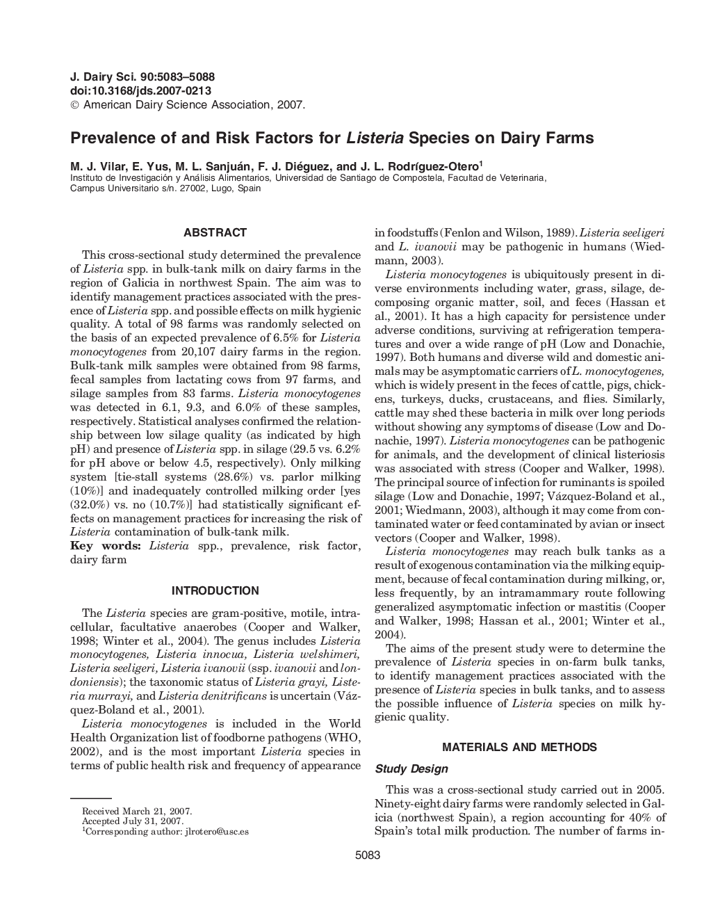 Prevalence of and Risk Factors for Listeria Species on Dairy Farms