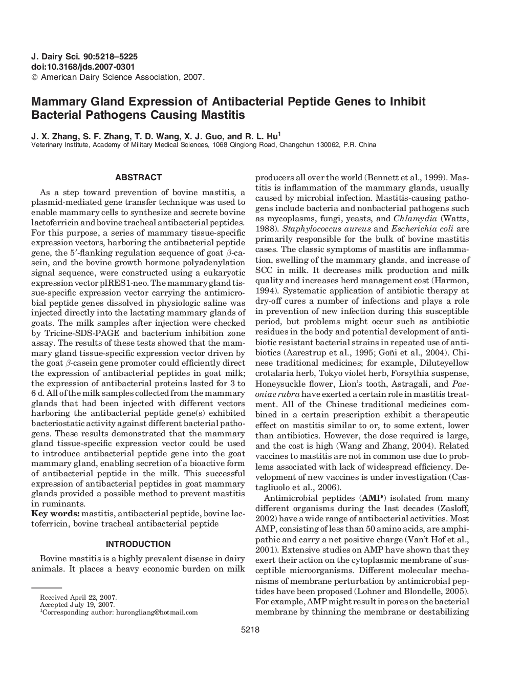 Mammary Gland Expression of Antibacterial Peptide Genes to Inhibit Bacterial Pathogens Causing Mastitis